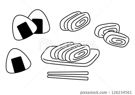 A set of rice balls, tamagoyaki (rolled omelette) and chopsticks A set of rice balls, tamagoyaki (rolled omelette) and chopsticks 126234561