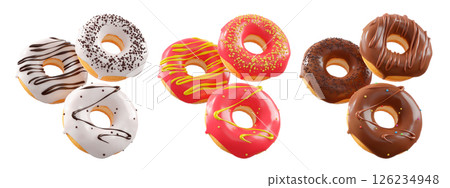 Assorted donuts with colorful icing, sprinkles, and chocolate isolated on white transparent background 126234948