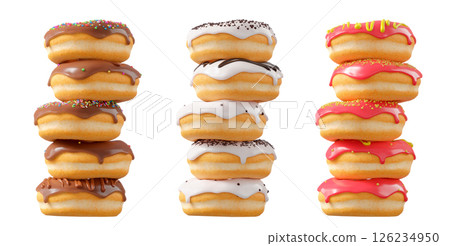 Assorted donuts with colorful icing, sprinkles, and chocolate isolated on white transparent background 126234950