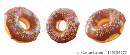 Donuts with chocolate glaze, sprinkles, white drizzle, and dots isolated on white transparent background Donuts with chocolate glaze, sprinkles, white drizzle, and dots isolated on white transparent background 126234972