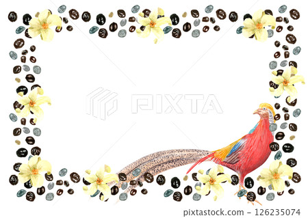 Papaya seeds, exotic bird, yellow flowers watercolor frame isolated on white. Hand-painted tropical border perfect for cafe branding, packaging, menu design, invitations, and social media graphics 126235074