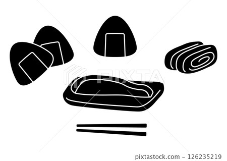 Set of rice balls, tamagoyaki (rolled omelette) and grilled salmon Set of rice balls, tamagoyaki (rolled omelette) and grilled salmon 126235219