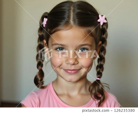 Young girl poses with confidence, her braided hair adorned with pink clips Generative AI Young girl poses with confidence, her braided hair adorned with pink clips Generative AI 126235380