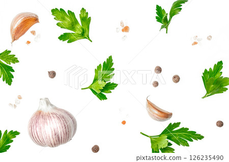 garlic, parsley and pepper isolated on white background, Menu, recipe mock up, banner. top view garlic, parsley and pepper isolated on white background, Menu, recipe mock up, banner. top view 126235490