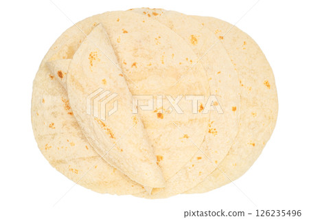 Set of taco tortilla or pita lavash round flat bread isolated on white background. Top view Set of taco tortilla or pita lavash round flat bread isolated on white background. Top view 126235496