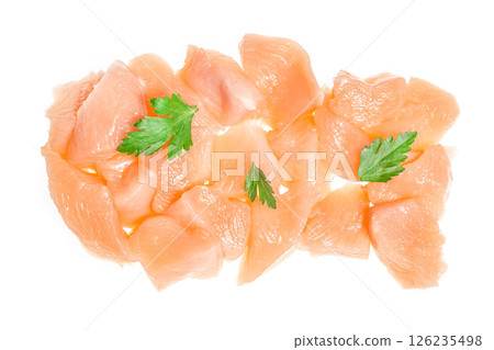 raw chicken fillet chunks isolated on white background. Top view 126235498