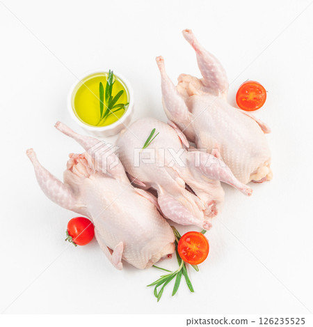 Fresh raw meat quails ready for cooking on a white background top view Fresh raw meat quails ready for cooking on a white background top view 126235525