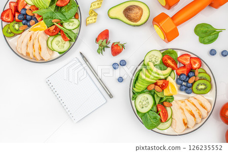 Diet plan, menu or program. healthy food chicken fillet, avocado and salad. Complex of proteins, fats and carbohydrates on white background. top view. 126235552