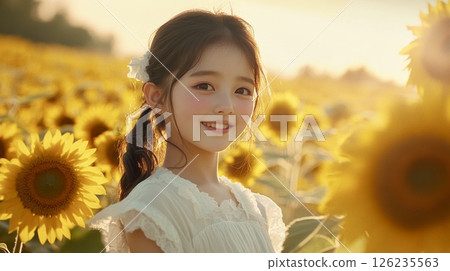 Sunflower field in the setting sun and a smiling child 126235563