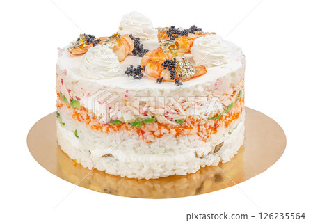 Salmon shrimp sushi cake isolated on white. Japanese cuisine 126235564