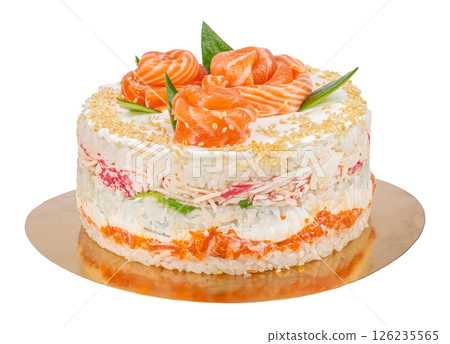 Salmon sushi cake with rice, avocado, cream cheese, seaweed sesame seeds isolated on white. Japanese cuisine 126235565