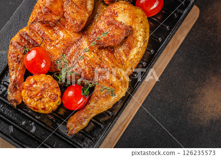 Fried Tobacco chicken. Food recipe background. Close up. top view 126235573