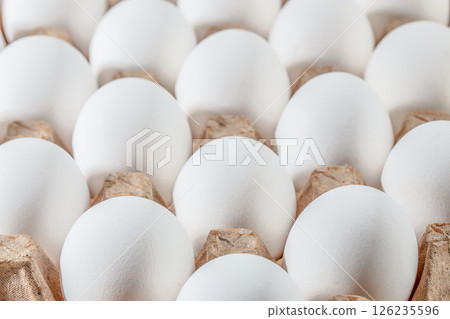 Organic white eggs in tray or egg box. Protein diet container packaged for sale Organic white eggs in tray or egg box. Protein diet container packaged for sale 126235596