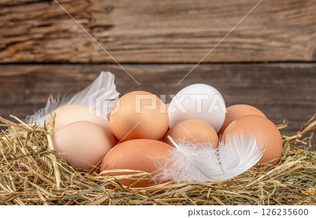 Nest of colorful fresh eggs on wooden background in an organic farm. copy space 126235600