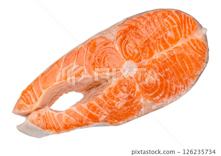 fresh raw salmon steak isolated on white background. Top view 126235734