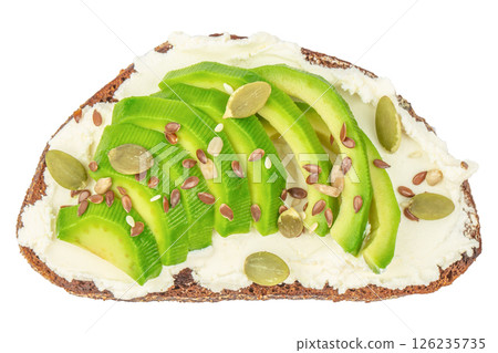 Healthy avocado toasts with rye bread, sliced avocado, cheese isolated on white background. Top view Healthy avocado toasts with rye bread, sliced avocado, cheese isolated on white background. Top view 126235735