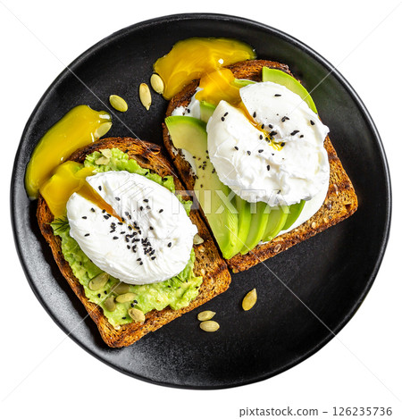 Sandwich with avocado and Poached Egg. Toast sliced avocado and egg on plate isolated on white background. Top view 126235736