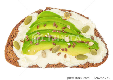 Healthy vegetarian avocado toast with rye bread and pumpkin seeds isolated on white background. Top view Healthy vegetarian avocado toast with rye bread and pumpkin seeds isolated on white background. Top view 126235739