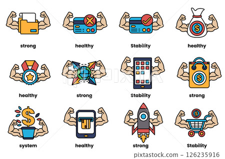 Set of illustrations in the concept of various equipment with arms in a line drawing style 126235916