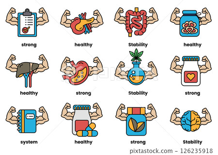 Set of illustrations in the concept of various equipment with arms in a line drawing style 126235918