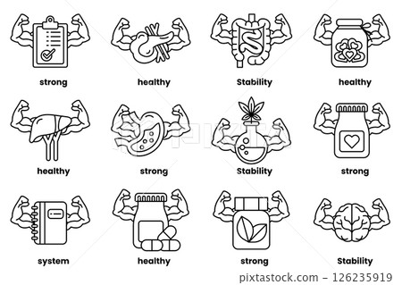 Set of illustrations in the concept of various equipment with arms in a line drawing style Set of illustrations in the concept of various equipment with arms in a line drawing style 126235919