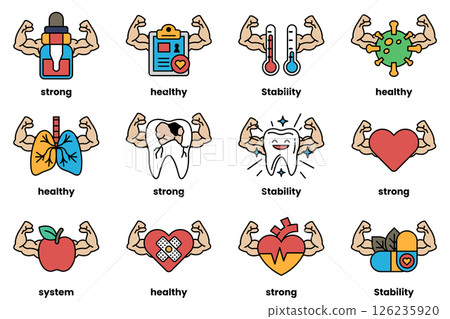 Set of illustrations in the concept of various equipment with arms in a line drawing style 126235920