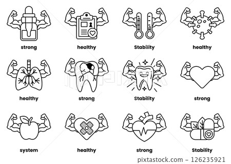 Set of illustrations in the concept of various equipment with arms in a line drawing style Set of illustrations in the concept of various equipment with arms in a line drawing style 126235921