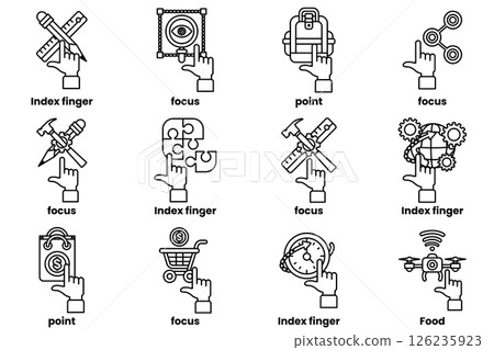 set of images of hands pointing at various things in a line drawing style set of images of hands pointing at various things in a line drawing style 126235923