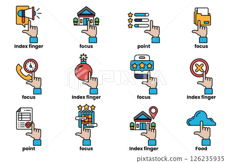 set of images of hands pointing at various things in a line drawing style set of images of hands pointing at various things in a line drawing style 126235935
