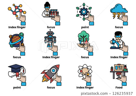 set of images of hands pointing at various things in a line drawing style set of images of hands pointing at various things in a line drawing style 126235937