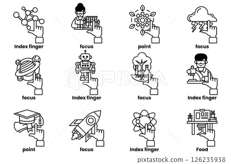 set of images of hands pointing at various things in a line drawing style set of images of hands pointing at various things in a line drawing style 126235938
