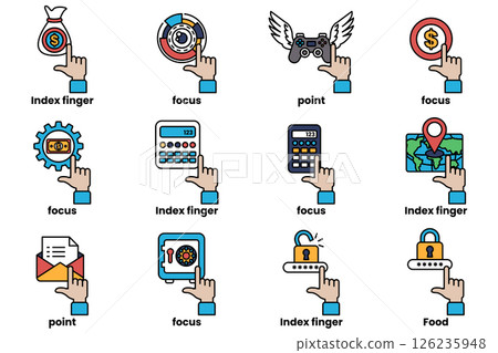 set of images of hands pointing at various things in a line drawing style set of images of hands pointing at various things in a line drawing style 126235948