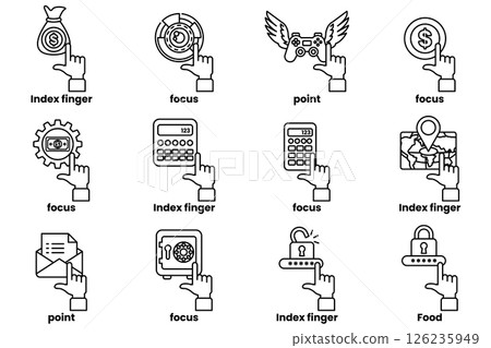 set of images of hands pointing at various things in a line drawing style 126235949