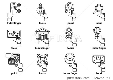 set of images of hands pointing at various things in a line drawing style 126235954