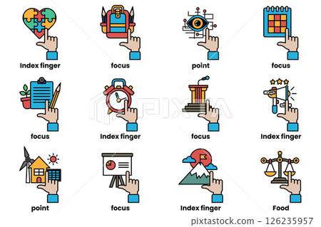 set of images of hands pointing at various things in a line drawing style set of images of hands pointing at various things in a line drawing style 126235957