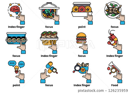 set of images of hands pointing at various things in a line drawing style 126235959