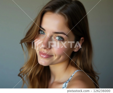 Soft light reveals the beauty of a young woman with enchanting blue eyes and a warm smile. Her flowing hair frames her face, evoking a serene and inviting atmosphere in the background Generative AI 126236000