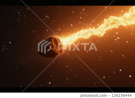 A vibrant asteroid races through the dark expanse of space, leaving a fiery trail of light in its wake, captivating the cosmic scenery beyond Generative AI 126236444