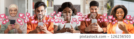 Five diverse individuals are smiling while using smartphones, surrounded by digital hearts representing likes or social media engagement. 126236503