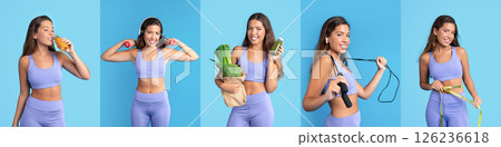 A woman demonstrates her commitment to fitness by enjoying a refreshing drink, exercising with weights, holding fresh vegetables, and skipping rope, all captured in a vibrant blue setting. 126236618