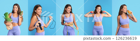 A woman showcases her commitment to fitness by holding vegetables, using a jump rope, exercising with dumbbells, and drinking a smoothie, all set against a bright blue backdrop. 126236619