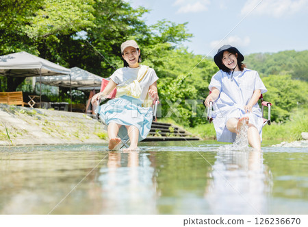 Camping: Woman dipping her feet in the river Camping: Woman dipping her feet in the river 126236670
