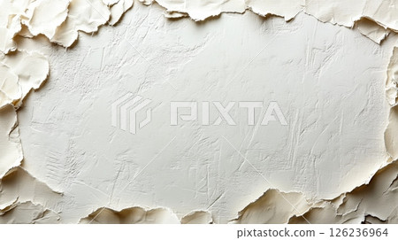 A textured white wall showcases layers of peeling paint, creating an interesting contrast with the smooth surface underneath. The artwork emphasizes simplicity and depth. A textured white wall showcases layers of peeling paint, creating an interesting contrast with the smooth surface underneath. The artwork emphasizes simplicity and depth. 126236964
