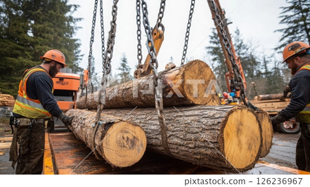 Workers carefully lift large logs using a crane, surrounded by trees in a timber yard during logging operations. 126236967