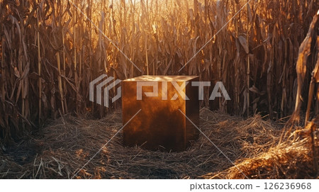 A shiny metal cube stands amid a cornfield 126236968