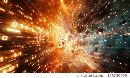 A fiery explosion in a digital space, filled with glowing binary code and streaks of light. 126236969