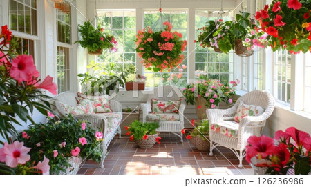 A sunroom showcases blooming flowers in hanging pots and planters, complemented by comfortable wicker chairs adorned with floral cushions. 126236986