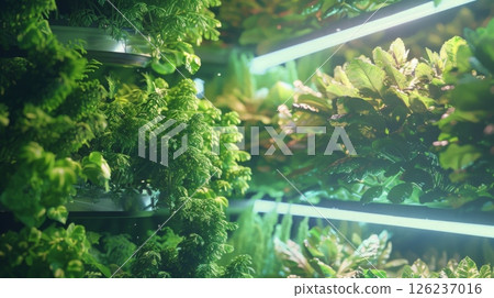 A close-up view of a vertical indoor garden with lush green plants growing under artificial lights. A close-up view of a vertical indoor garden with lush green plants growing under artificial lights. 126237016