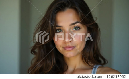A young woman poses gracefully with a soft smile, her wavy hair framing her face and highlighting her captivating green eyes. She exudes confidence and warmth in a serene atmosphere Generative AI 126237062