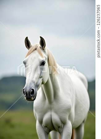 With its striking white coat shimmering softly, a graceful horse stands in a vibrant green field surrounded by gentle hills, embodying tranquility and elegance as dusk approaches Generative AI 126237065